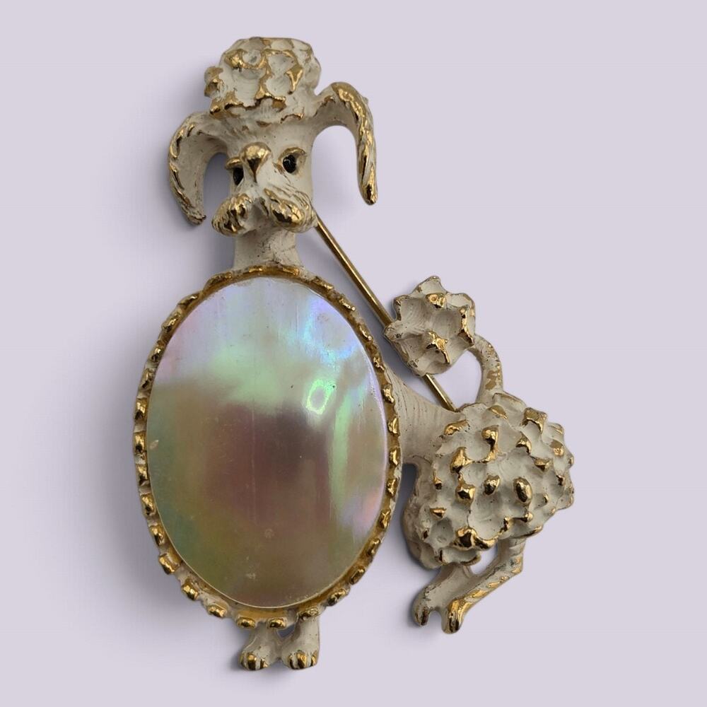 Vintage Poodle Dog Brooch Iridescent Shell Gold Tone Figural Pin Brooch